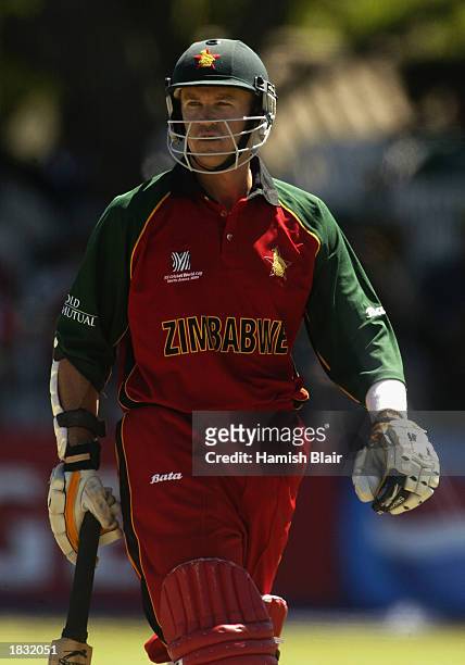 Andy Flower of Zimbabwe wearing a white arm band as a sign of peace during the ICC Cricket World Cup 2003 Pool A match between Zimbabwe and Australia...