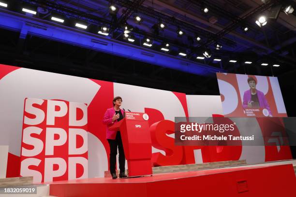 Saskia Esken co-chair of the German Social Democrats , speaks during the SPD federal congress on December 8, 2023 in Berlin, Germany. The party is...