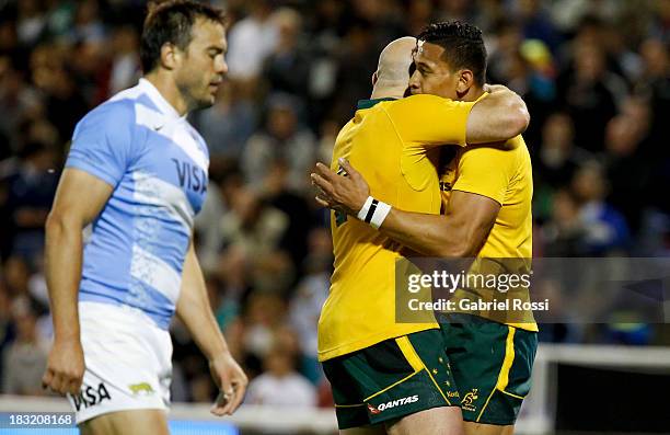 Israel Folau and Stephen Moore of Australia celebrate during a match against Argentina in the Rugby Championship 2013 at Gigante de Arroyito stadium...