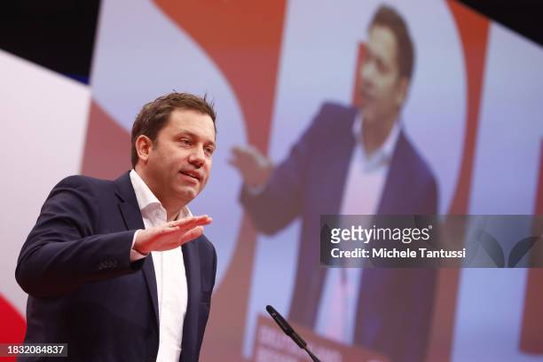 Lars Klingbeil, co-chair of the German Social Democrats , speaks at the SPD federal congress on December 8, 2023 in Berlin, Germany. The party is...