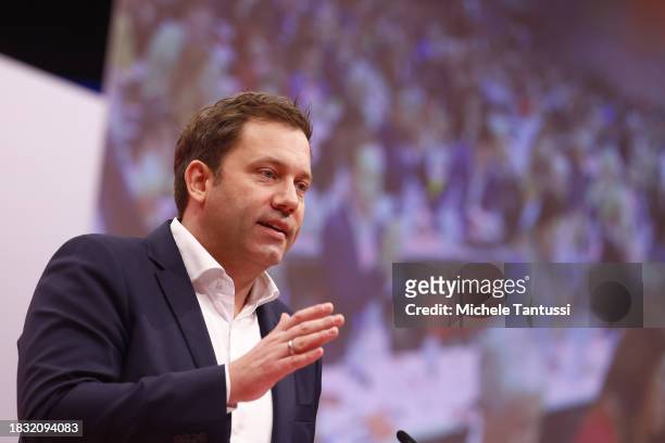 Lars Klingbeil, co-chair of the German Social Democrats , speaks at the SPD federal congress on December 8, 2023 in Berlin, Germany. The party is...