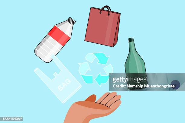 climate change illustration concept shows reuse and recycle plastic making the source of carbon footprint, the symbol of recycle on hand shows the idea of reducing garbage. - carbon footprint reduction stock pictures, royalty-free photos & images