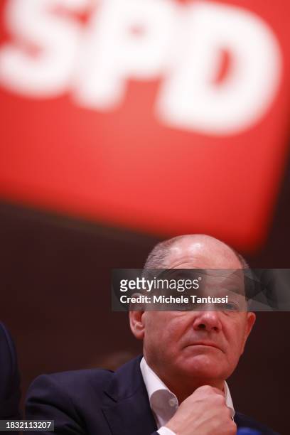 German Chancellor, Olaf Scholz , attends the SPD federal congress on December 8, 2023 in Berlin, Germany. The party is meeting to elect its...