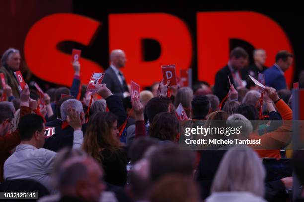 Members of the SPD Vote as they attend the SPD federal congress on December 8, 2023 in Berlin, Germany. The party is meeting to elect its leadership....
