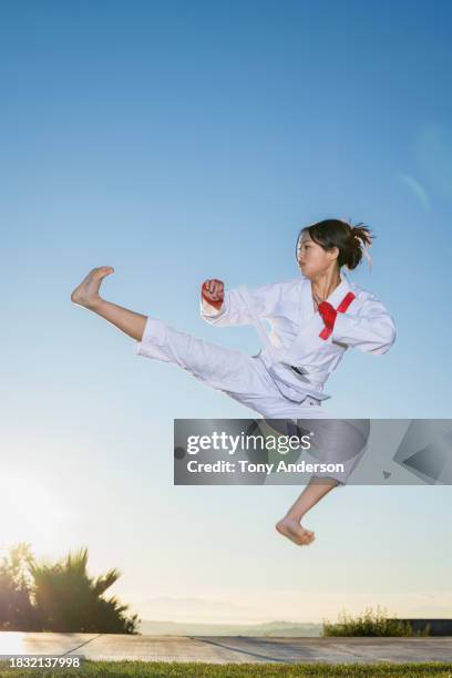 teenage girl martial artist doing flying kick - fighting stance stock pictures, royalty-free photos & images