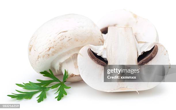 sliced white mushrooms on a white background - white mushroom stock pictures, royalty-free photos & images