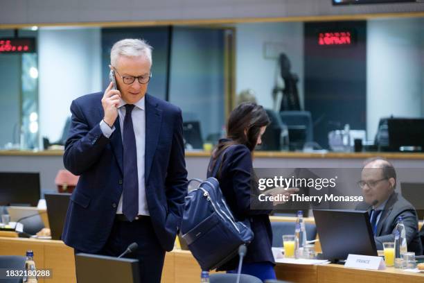 French Minister of the Economy, Finance and Recovery Bruno Le Maire gives a phone call prior the start of an EU EcoFin MInisters meeting in the...