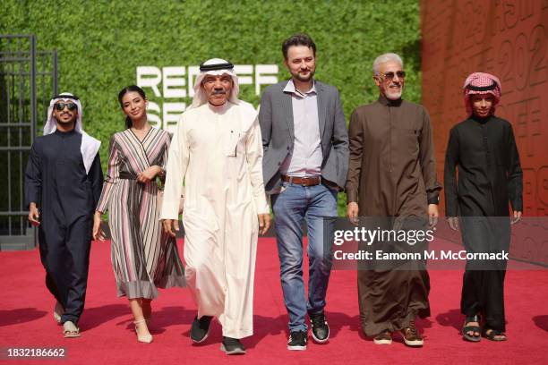 Azzam Nemr, Tulin Essam, Ibrahim Alhasawi, Abu Bakr Shawky, Abdulmohsen Alnemr and Omar Al Atawi pose during the "Hajjan" photocall at the Red Sea...