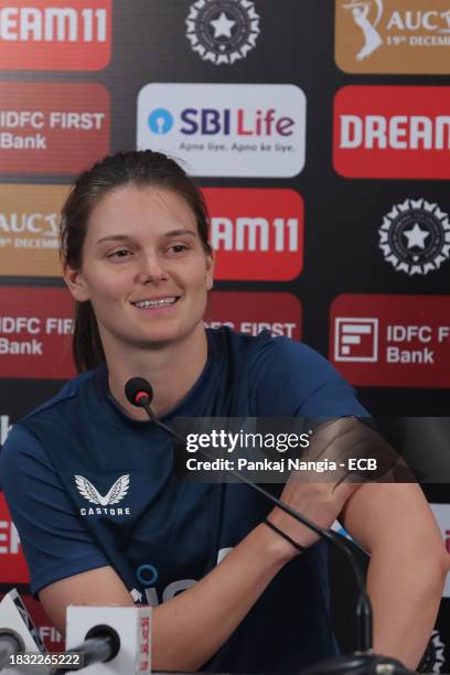 Amy Jones of England smiles during the press conference prior to the net session at Wankhede Stadium on December 8, 2023 in Mumbai, India.