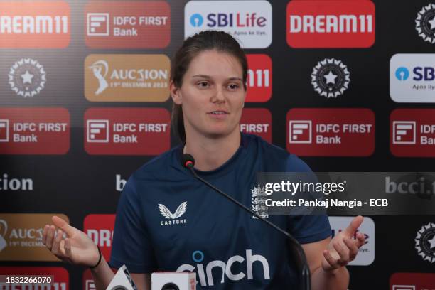 Amy Jones of England gestures during the press conference prior to the net session at Wankhede Stadium on December 8, 2023 in Mumbai, India.