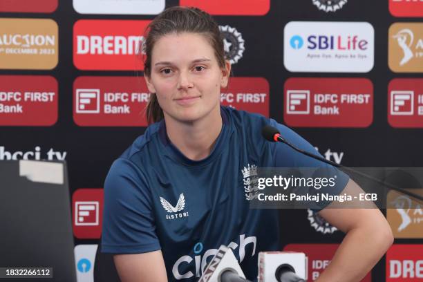Amy Jones of England smiles during the press conference prior to the net session at Wankhede Stadium on December 8, 2023 in Mumbai, India.