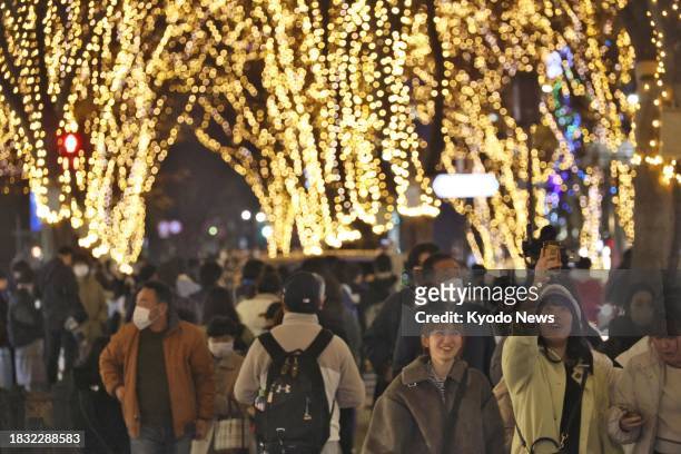 The annual Sendai Pageant of Starlight illumination event begins in Sendai, northeastern Japan, on Dec. 8, 2023. Zelkova trees lining a 500-meter...