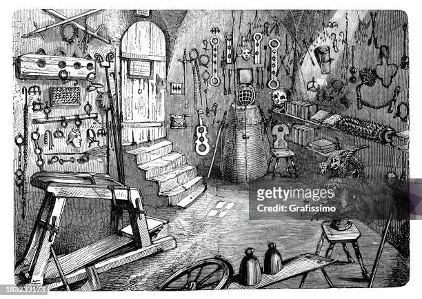engraving torture chamber in nuremberg from 1870 - tortured stock illustrations
