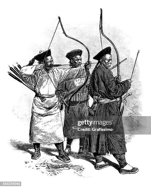 engraving of chinese archers from 1870 - tribal head gear in china stock illustrations