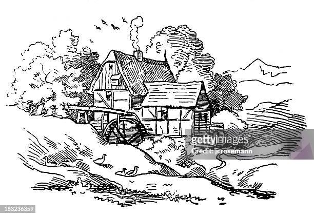 house with watermill - watermill stock illustrations