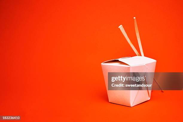 chinese takeout container with chopsticks, isolated on red - chinese food stock pictures, royalty-free photos & images