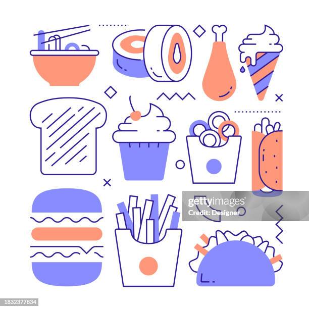 fast food related line style banner design for web page, headline, brochure, annual report and book cover - breaded stock illustrations