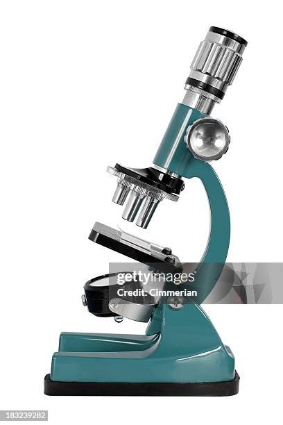 blue microscope against white background - microscoop stockfoto's en -beelden