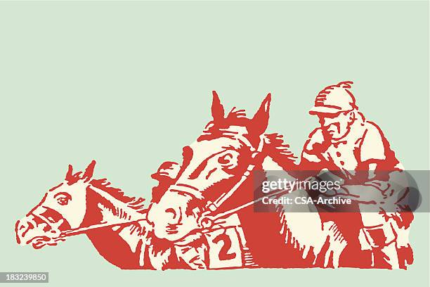 jockeys und pferde im rennen - horse racing stock-grafiken, -clipart, -cartoons und -symbole