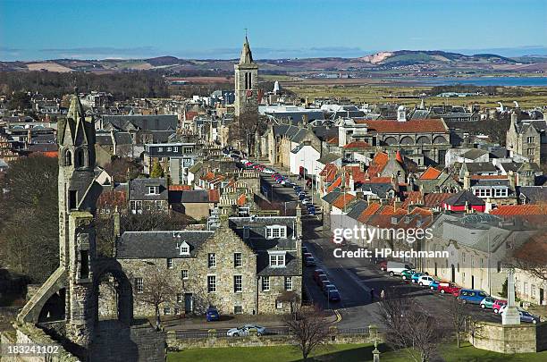 cityscape of st andrews showing a view towards mountains - fife college stock pictures, royalty-free photos & images