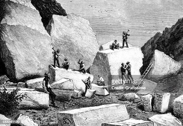 engraving people working at quarry with carrara marble - marble rock stock illustrations