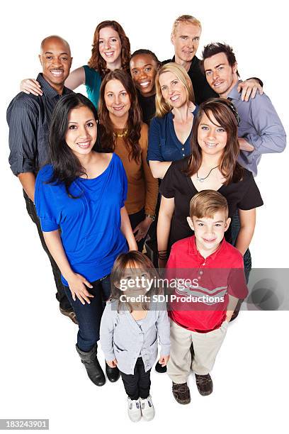group of diverse happy people looking up, full body - man standing full body isolated stock pictures, royalty-free photos & images