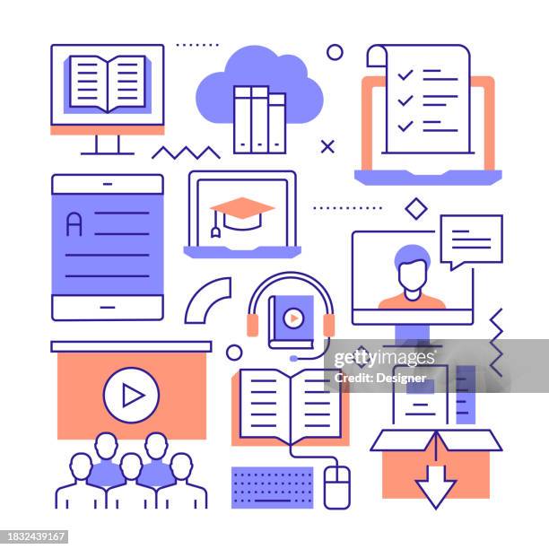 e-learning related line style banner design for web page, headline, brochure, annual report and book cover - code library stock illustrations