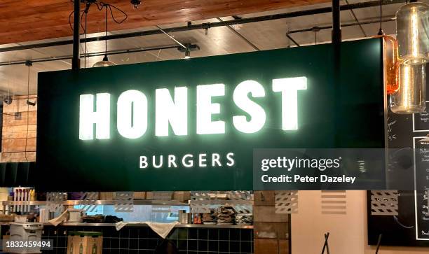 Exterior shop front, Honest Burgers, Waterloo.London ENGLAND store sign on building exterior, store frontage.