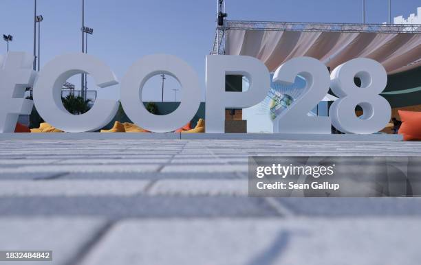 Logo stands in the Green Zone on day six of the UNFCCC COP28 Climate Conference at Expo City Dubai on December 05, 2023 in Dubai, United Arab...