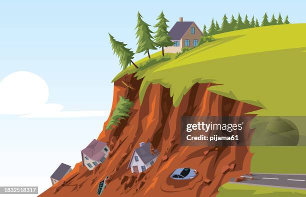 stockillustraties, clipart, cartoons en iconen met landslide, mud stream with stones - aardverschuiving