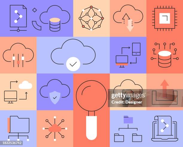 cloud technology related vector thin line icons. outline symbol collection - binary data stream stock illustrations