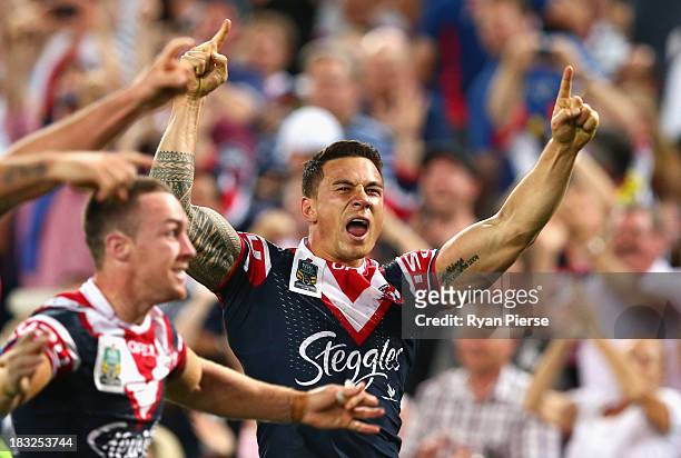 Sonny Bill Williams of the Roosters celebrates victory during the 2013 NRL Grand Final match between the Sydney Roosters and the Manly Warringah Sea...