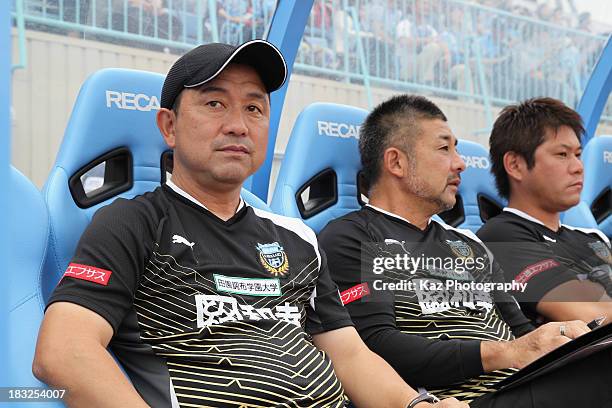 Kawasaki Frontale head coach Yahiro Kazama looks on during the J.League match between Kawasaki Frontale and Kashiwa Reysol at Todoroki Stadium on...