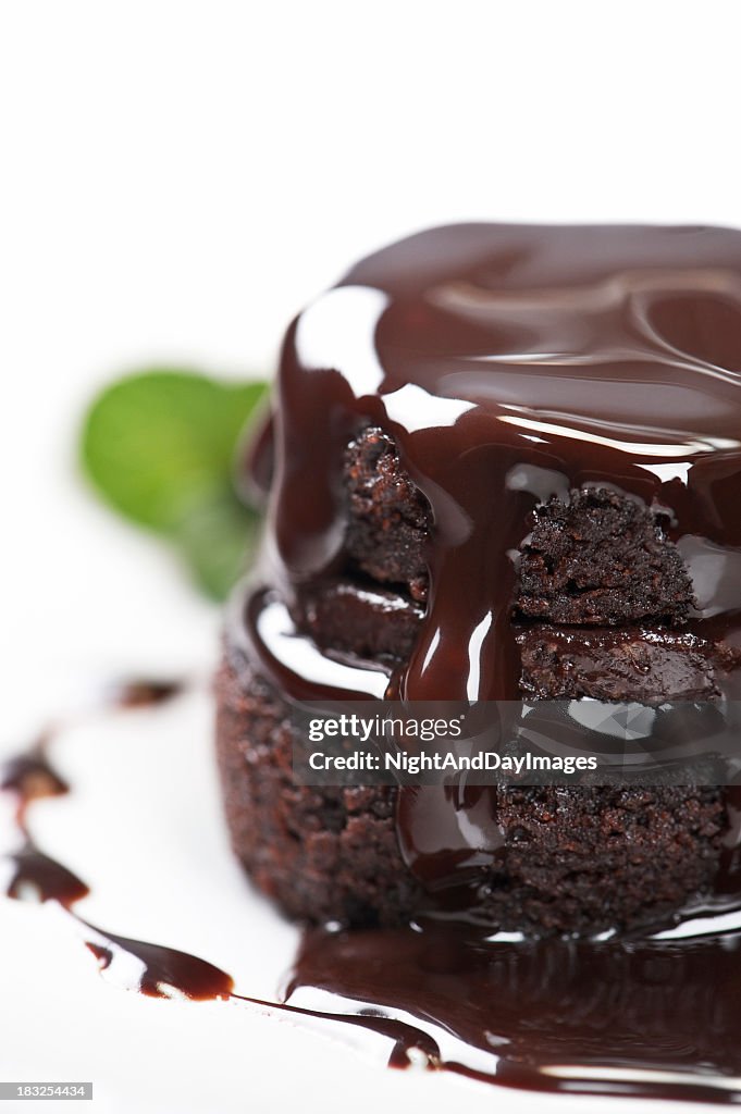 Delicious hot fudge on chocolate cake