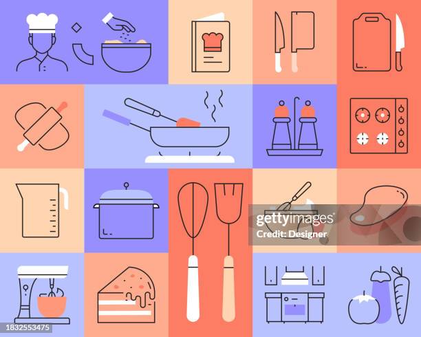 illustrations, cliparts, dessins animés et icônes de icônes de ligne mince vectorielle liées à cooking. collection de symboles de contour - ustensile de cuisine