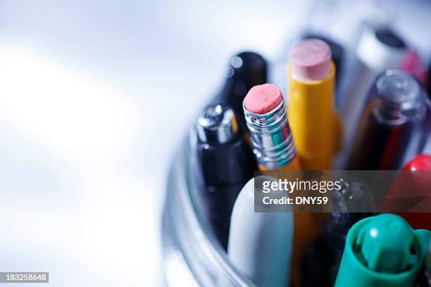 close up of pens and pencils in a jar - stationary stock pictures, royalty-free photos & images