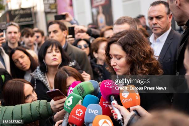 The president of the Community of Madrid, Isabel Diaz Ayuso, attends the media on her arrival at the funeral chapel of the actress Concha Velasco, at...