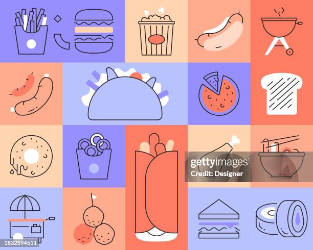 fast food-bezogene vektor-thin-line-symbole. auflistung von gliederungssymbolen - frittiert stock-grafiken, -clipart, -cartoons und -symbole
