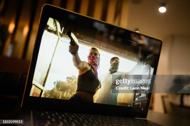 In this photo illustration, the trailer for the "Grand Theft Auto 6" console game is seen on a laptop screen on December 05, 2023 in London, England....