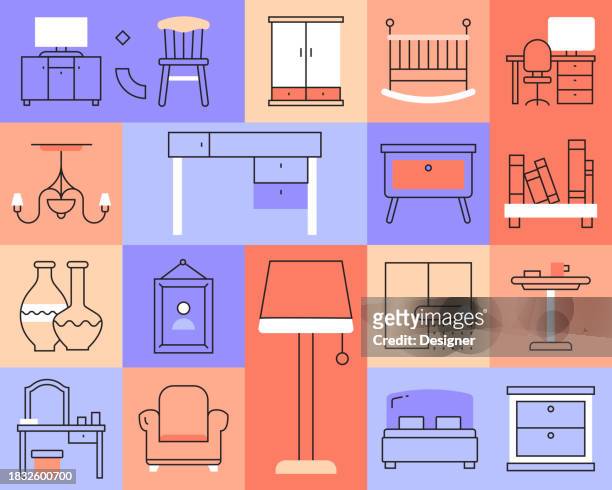 furniture related vector thin line icons. outline symbol collection - horizontal blinds stock illustrations