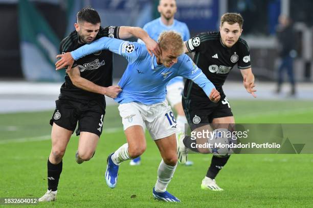 Celtic footballers Greg Taylor , James Forrest and Lazio footballer Gustv Isaksen during the Lazio-Celtic Champions League match at the Olympic...