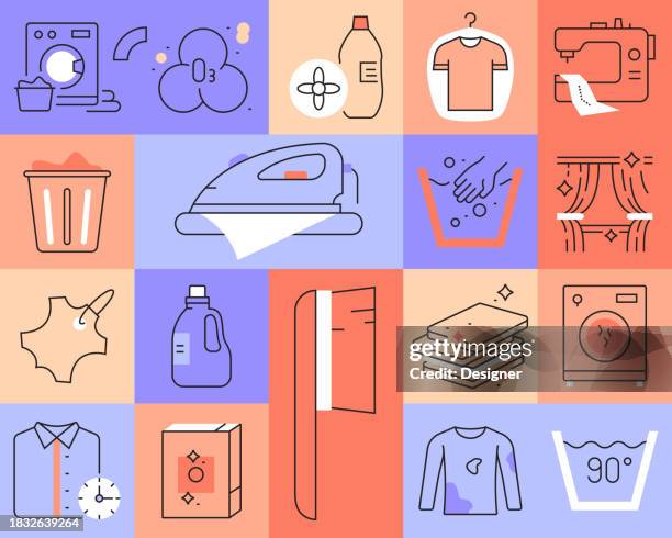 ilustrações de stock, clip art, desenhos animados e ícones de laundry and dry cleaning related vector line icons. outline symbol collection - lavanderia
