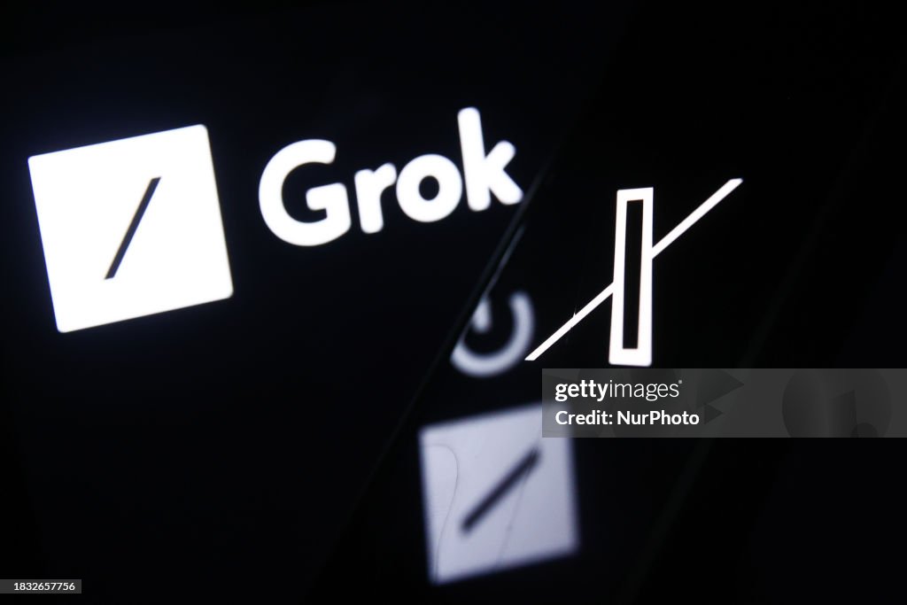 Grok logo displayed on a laptop screen and X logo displayed on a
