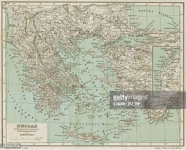 ilustrações de stock, clip art, desenhos animados e ícones de mapa antigo da grécia. fax, publicada 1882 - athens greece