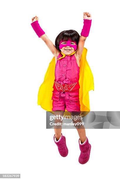 cute superhero girl flying up - girls wrestling stockfoto's en -beelden