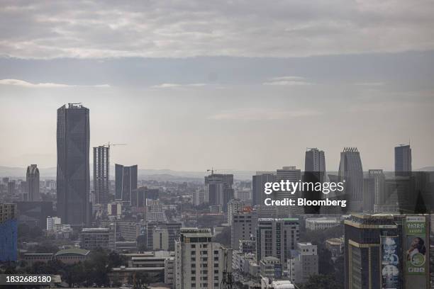 The headquarters of the Commercial Bank of Ethiopia, left, and skyscraper offices in Addis Ababa, Ethiopia, on Thursday, Dec. 7, 2023. The Horn of...