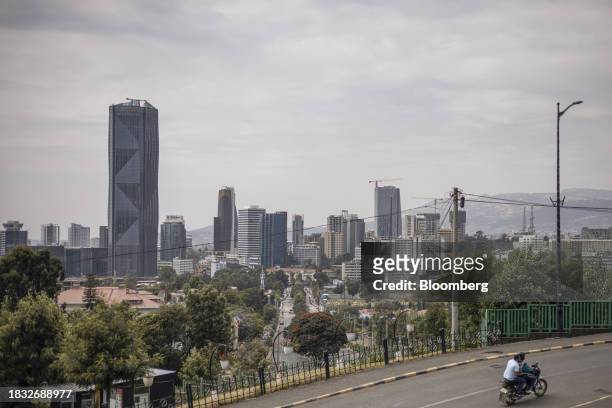 The headquarters of the Commercial Bank of Ethiopia, left, and skyscraper offices in Addis Ababa, Ethiopia, on Thursday, Dec. 7, 2023. The Horn of...