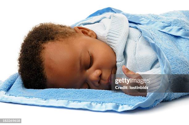 newborn african american baby boy peacefully alseep - baby blanket stock pictures, royalty-free photos & images