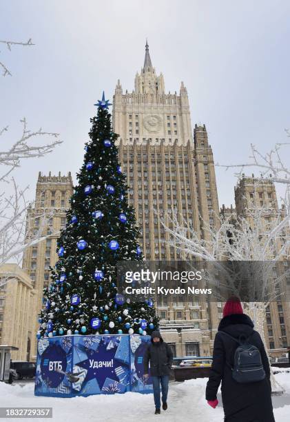 Giant Christmas tree is seen in front of Russia's foreign ministry in Moscow on Dec. 6, 2023.