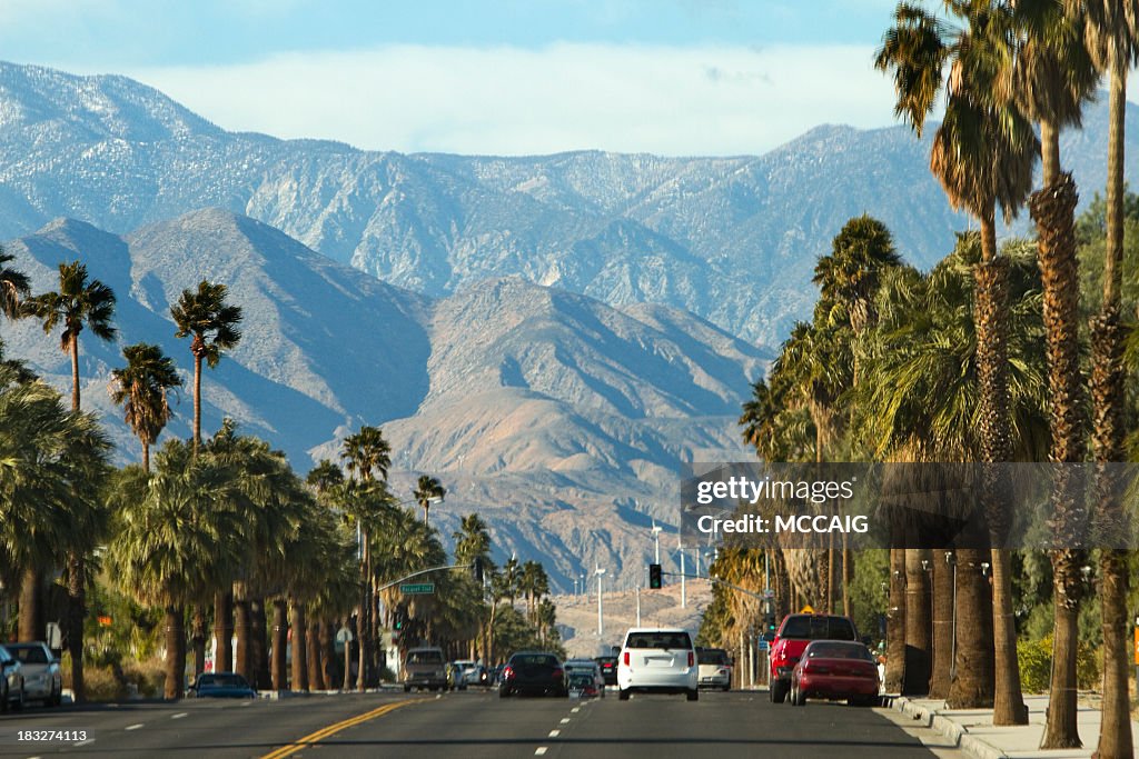 View along highway to mountains, Palm Springs, California